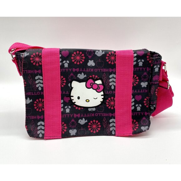 Sanrio Hello Kitty Pink Black Crossbody Purse Shoulder Bag Bird Heart Flower - Picture 1 of 6